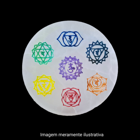 Placa Redonda de Selenita 7 Chakras - 10cm  - Unidade